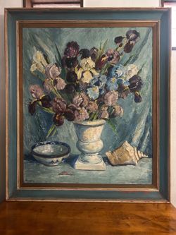 Vintage cottage 1970s still life oil painting