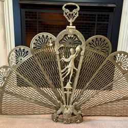Vintage/Antique Brass Goddess & Fire God Peacock Folding Fan Fireplace Screen