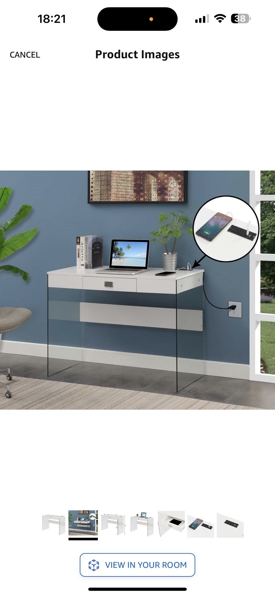 white glass desk with power, usb & drawer