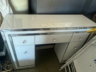 White Mirrored Vanity Desk with Drawers