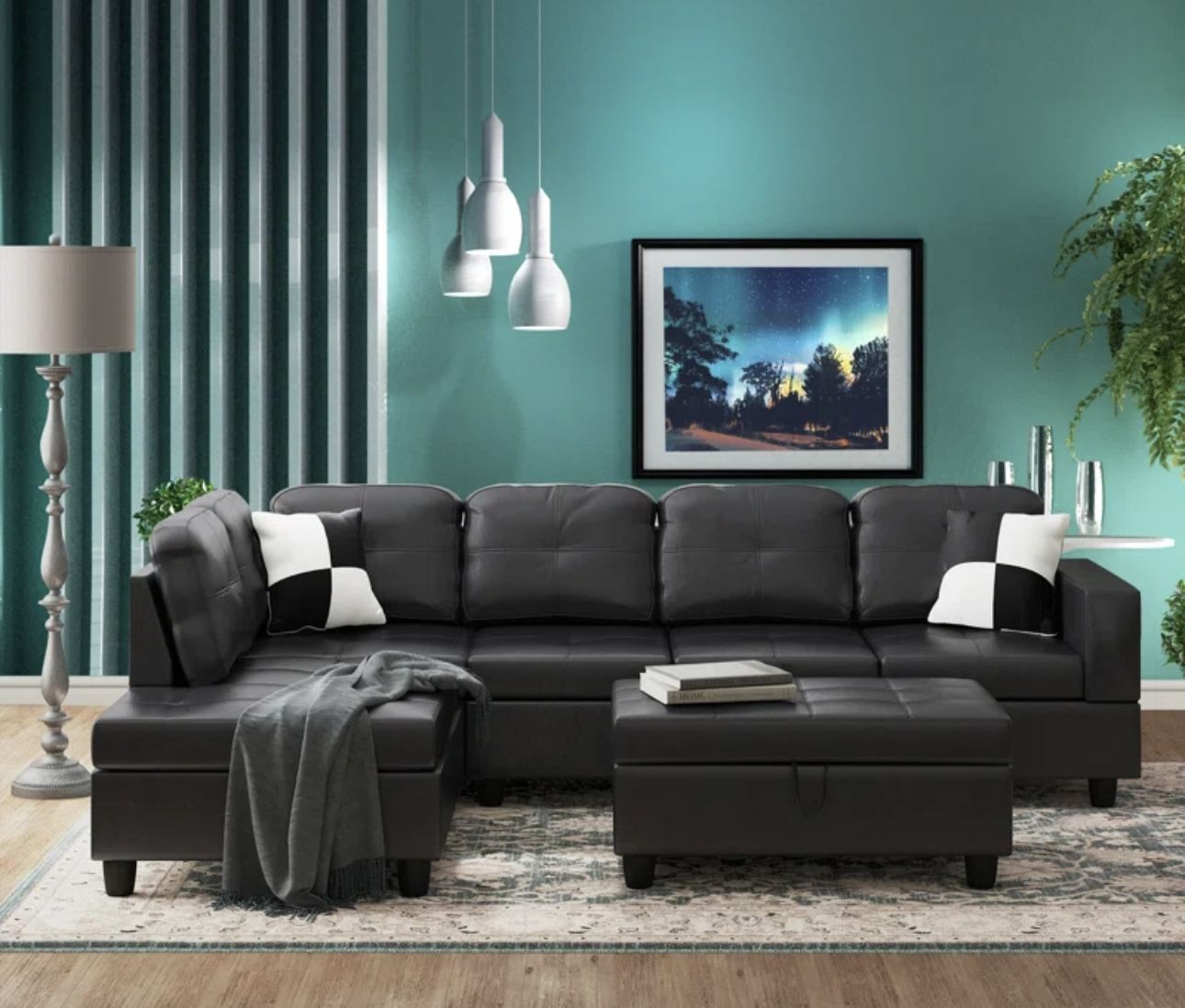 Black Leather Sectional Couch And Ottoman
