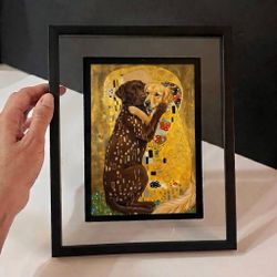 Framed Klimt-style dog print “The Kiss” parody with chocolate lab & golden retriever