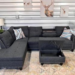 New Dark Gray Sectional Sofa Charcoal Couch With Storage Ottoman, Cup Holders And Pillows 