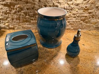Set of Blue Ceramic Bathroom Accessories, Soap Pump, Tissue Holder, and Wastebasket Garbage Pail