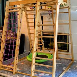 Wooden Playground for Kids Home Gymnastic Indoor Gym Climbing Ladder Slide and Rings