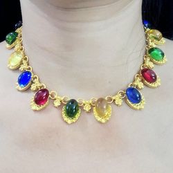 18k Gold with multicolored stone women's Statement Pendant necklace choker  Gift