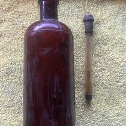 Vintage Medicine Bottle 6” Brown Amber Glass (With Applicator) Western Bar Decor