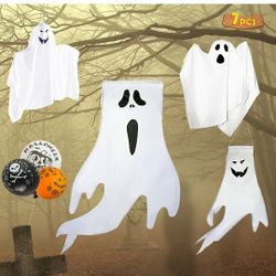 2pcs Halloween Hanging Ghosts 2pcs Halloween Cute Flying Ghost Windsocks 3pcs Balloons for Halloween Outside Decorations, Party Porch Outdoor Lawn Tre
