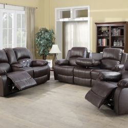 Brown Leather Fully Reclinable Three Piece Couch Set