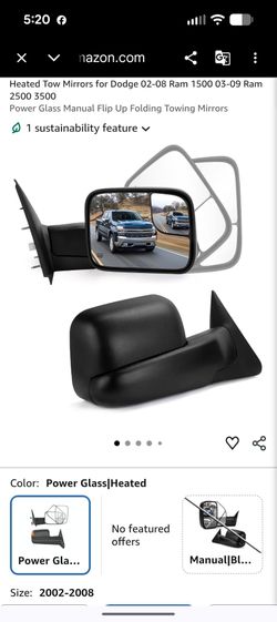 power-heated tow mirrors designed for 2002–2008 Dodge Ram 1500 and 2003–2009 Dodge Ram 2500/3500 trucks.