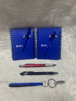 2 small blue spiral notebook pen set 2 pens rhinestone wristlet keychain strap