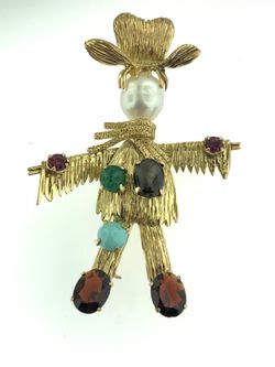 Vintage 14K Yellow Gold Scarecrow Figure~Ruby Emerald Sapphire Pearl~LIQUIDATION