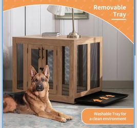 og Crate Furniture with Tray and Cushion, Wooden Dog Crate Kennel with Double Doors, Dog Crate End Table for Small Medium Large Dogs, Indoor Heavy Dut