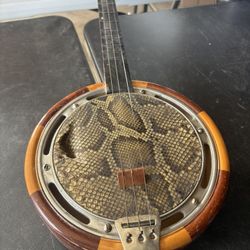 Vintage Snake Skin Chines 3 String Banjo With Small Tear