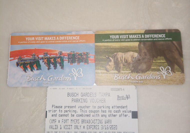 Busch garden tickets for 2 and a parking pass