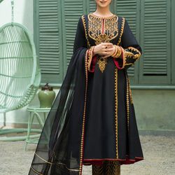 Pakistani/Indian Traditional Black Flared Kalidaar Designer Dress 3pc