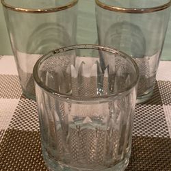 3 PCs Thick Glass Tea Light Candle Holders W/ Gold Trim Accents, One Has Carved Glass Raised Details, Great For Decorating Or Crafting 