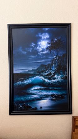 Framed Moonlit Ocean Painting with Palm Trees