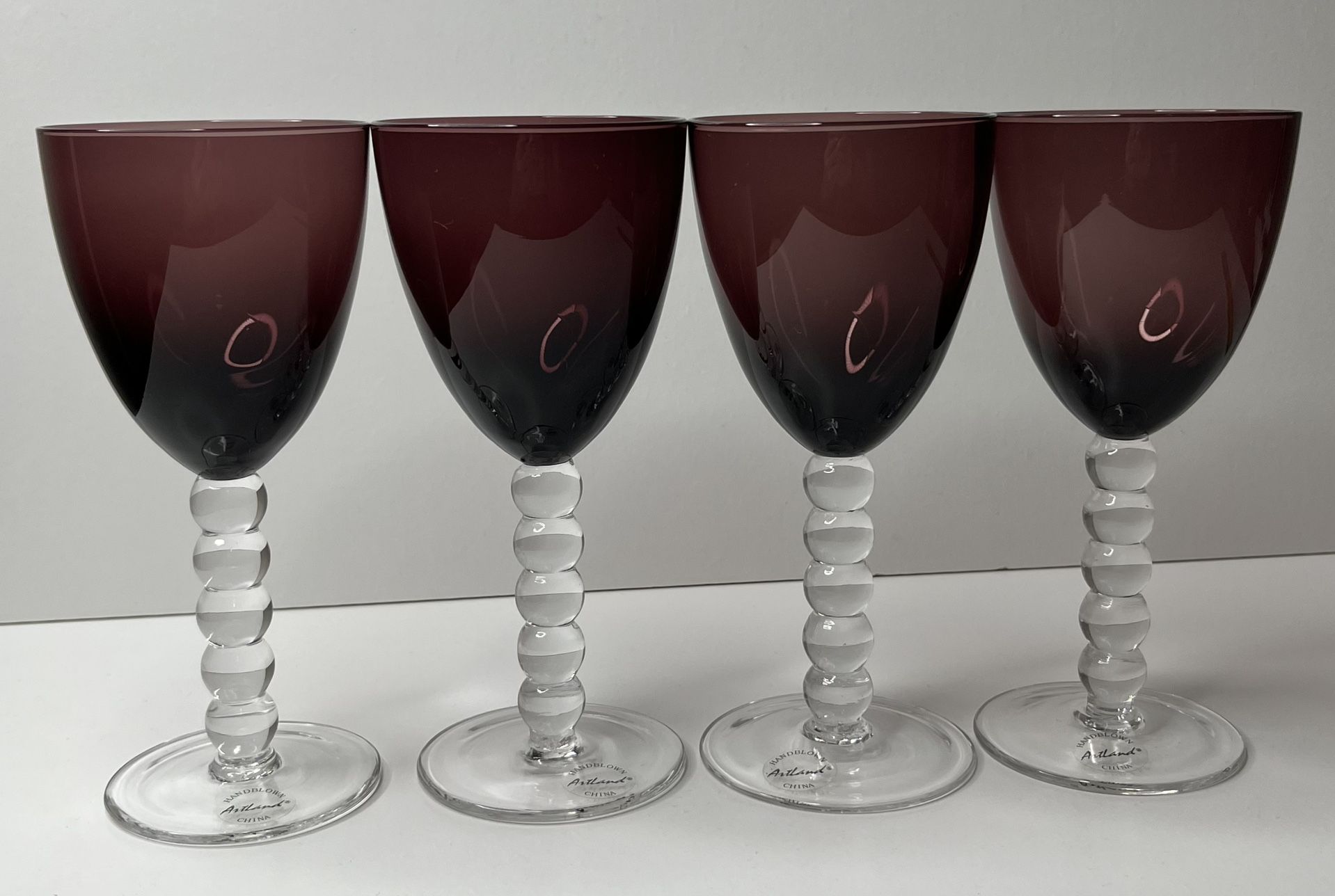 Vintage Hand Blown Artland China Purple Amethyst 8 Oz Wine Glasses Bubble  Stem Set Of 4