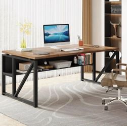 Tribesigns 63-In Computer Desk with Storage Shelf, Home Office Desk Writing Table for Workstation, Steel Leg, Cabinet not Included (Walnut & Black, 63