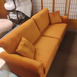 85 Inches Mid-Century Modern Sofa Couch with 2 Throw Pillows Upholstered Linen Fabric Long Sofa with Rolled Armrest for Living Room, Bedroom (Orange Y