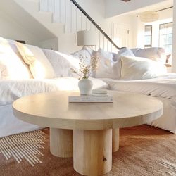 Solid Wood Round Coffee Table – Sculptural Pedestal – Organic Modern / Japandi – Heirloom Quality