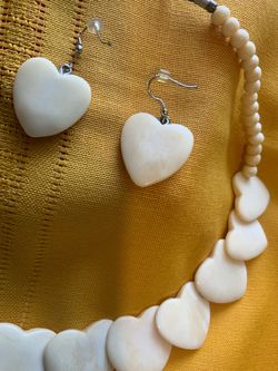 Vintage Natural Cream Bone Tagua Nut Carved Heart Statement Necklace Earrings Set
