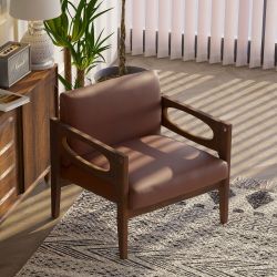 Mid-Century Modern Brown PU Leather Wood Framed Armchair / Accent Chair [NEW] **Retails for $300 <Assembly Req>