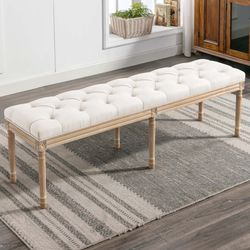 60" Fabric End of Bed Bench, Upholstered Tufted French Bedroom Bench with Carved Legs for Bedroom End of King Size Bed, Living Room, Wheat  P