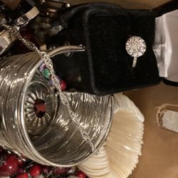 Box With Mixed Jewelry And Stuff There Is More Rings The One In  Little Box Is Sliver.  Seen Siver Jewelry In There 