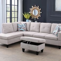 3PCS Gray Sectional Sofa Set (Left Chaise)