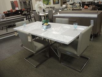 Modus Coral Rectangle Marble Dining Table - White Marble Top With Brushed Stainless Base