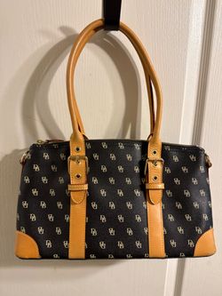 Dooney & Bourke Domed Satchel Handbag Monogram Logo Black Tan Leather Crossbody