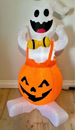 4Ft Halloween Decorations Inflatable Pumpkin Ghost, Built in Color Led Lights, Weatherproof Halloween Scary Blow Up Decor for Indoor Outdoor