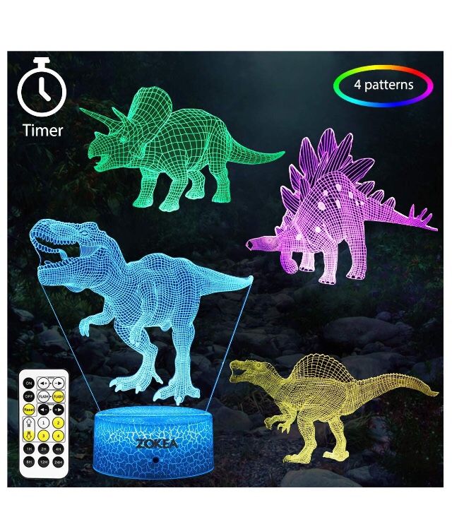Dinosaur Gifts for Boys 7 Colors Changing 3D Dinosaur Night Light (4 Patterns) with Timer & Remote Control & Smart Touch, Gifts for Boys Girls Age 2