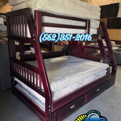 Twin Full Full Bunk Bed Cherry With Trundle And Mattresses Included 