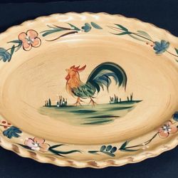 Home Rooster Hand Painted 15” Oval Serving Platter.