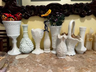 Eight antique milk glass vases sold separately or together