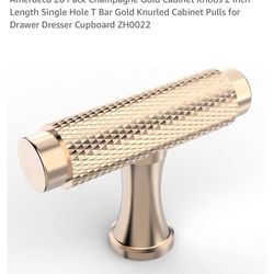 Amerdeco 20 Pack Champagne Gold Cabinet Knobs 2 Inch Length Single Hole T Bar Gold Knurled Cabinet Pulls for Drawer Dresser Cupboard ZH0022