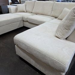 Beige Corduroy Sectional with storage ottoman
