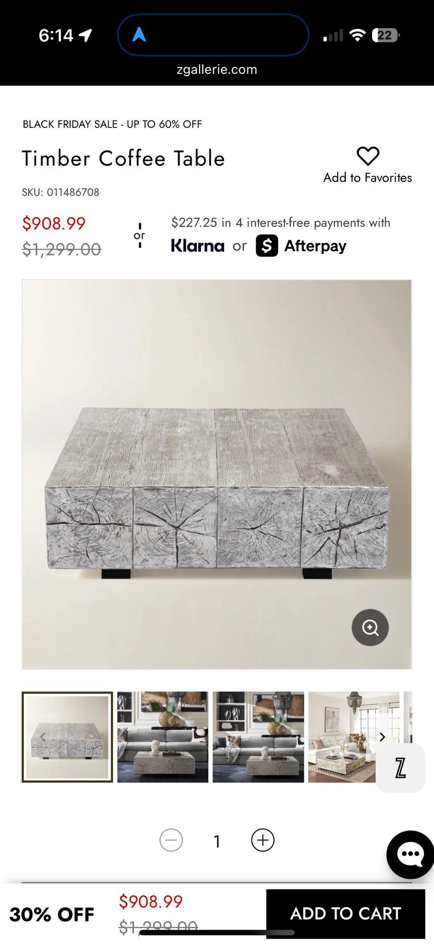 Z GALLERIE TIMBER COFFEE TABLE