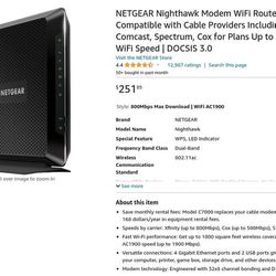 NETGEAR Nighthawk AC1900 WiFi Cable Modem Router Combo (C7000)