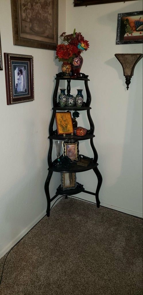 VINTAGE ORNATE BLACK VICTORIAN WOODEN ROCOCO CORNER SHELF BOOKCASE SHELVING UNIT
