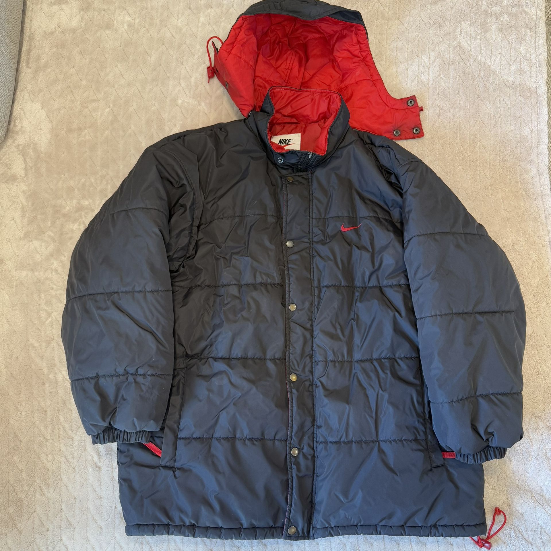 Vintage 90s Nike Puffer Winter Jacket Parka Black Red Swoosh Sz Large