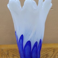 Mouthblown in Italy, Vietri Onda Glass Cobalt and White Medium Vase. 
