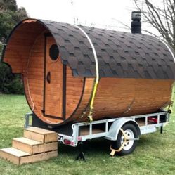 Outdoor sauna, cedar sauna, barrel sauna, rental sauna, square sauna, wood burn stove