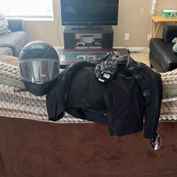 motorcycle jacket, gloves, and helmet