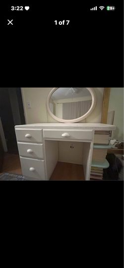 Large vintage full wood pre-loved vanity comes with mirror has four drawers and shelving for books