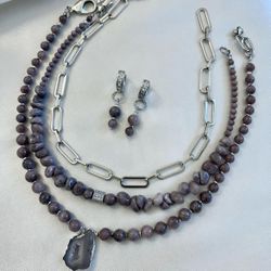 Natural Dyed Quartz Necklace Set (Set of 4) with 925 Sterling Silver earrings, Chain Necklace - purple & silver - Handmade Necklace