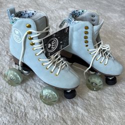 New Baby Blue Suede Roller Skates With Gold Accents - Adult Size 7